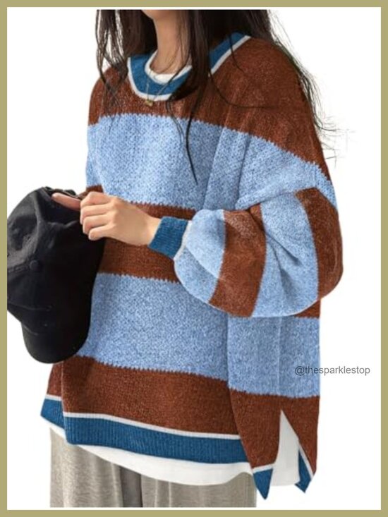 Sweaters - Oversized Batwing Pullover Sweater with Side Slits Ribbed Knit